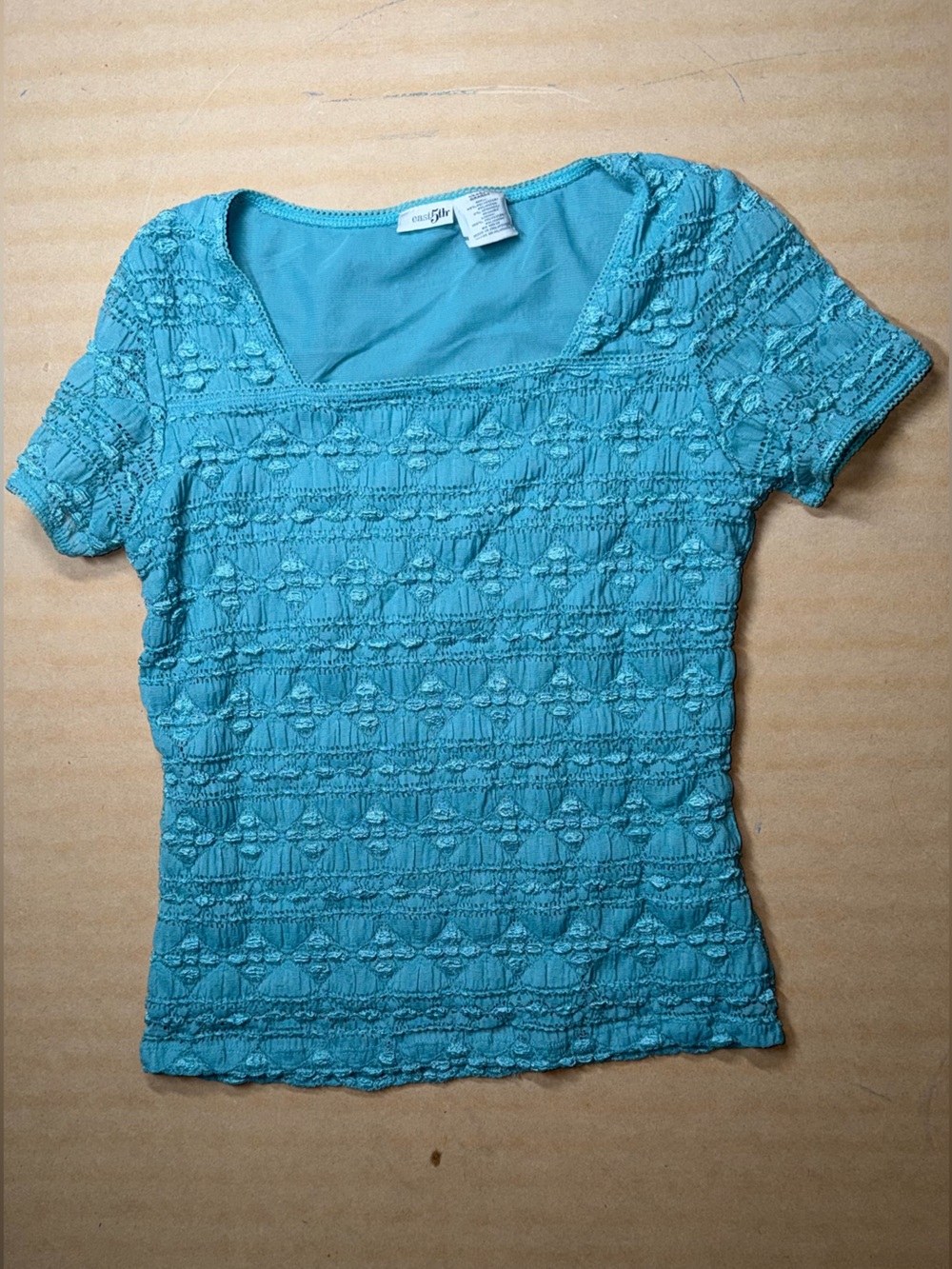 East 5th Teal Short-Sleeve Lace-Texture Top